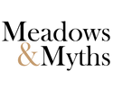 Logo, text of Meadows & Myths. Black lettering, gold &.