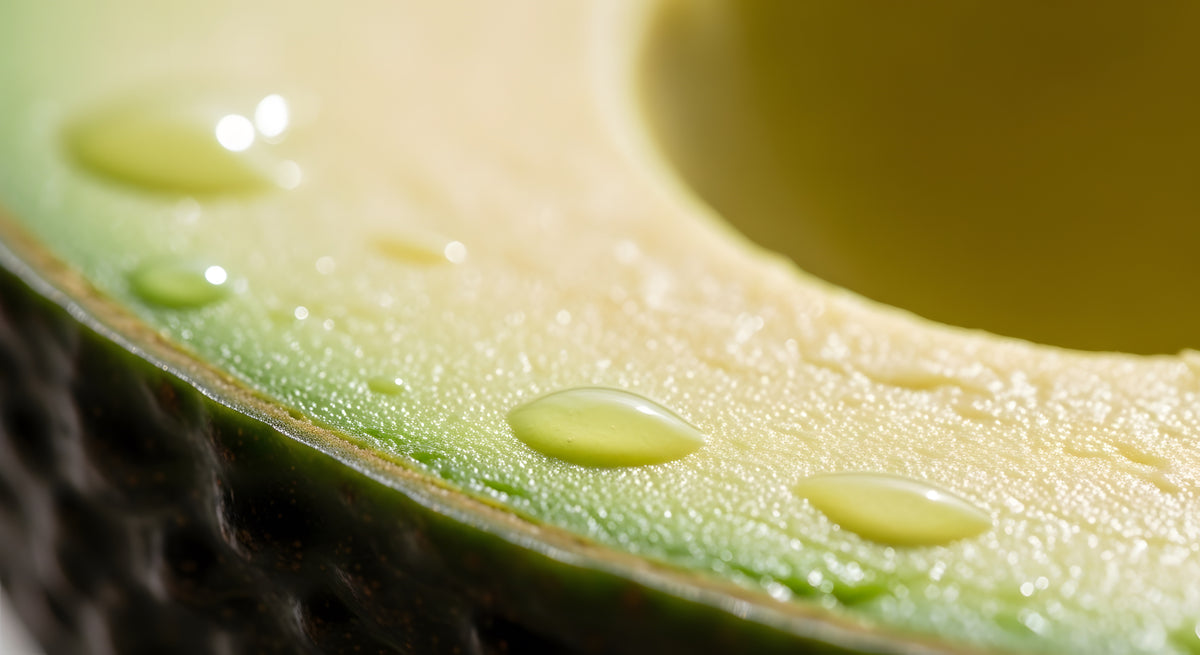 Close-up of an avocado with a focus on the texture and seeds.