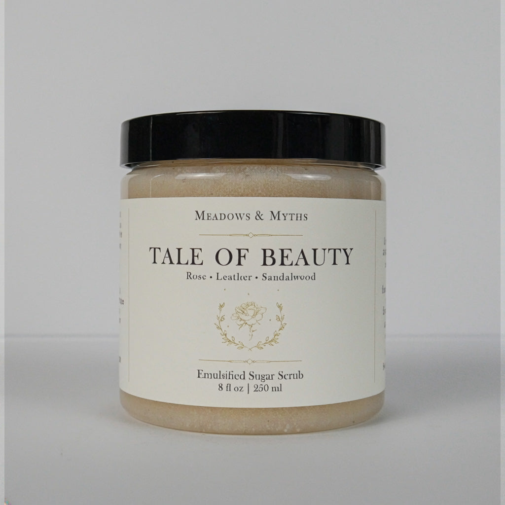 A jar of Meadows & Myth's 'Tale of Beauty' emulsified sugar scrub, featuring a cream-colored label with gold detailing and a black lid, set against a neutral light gray background.
