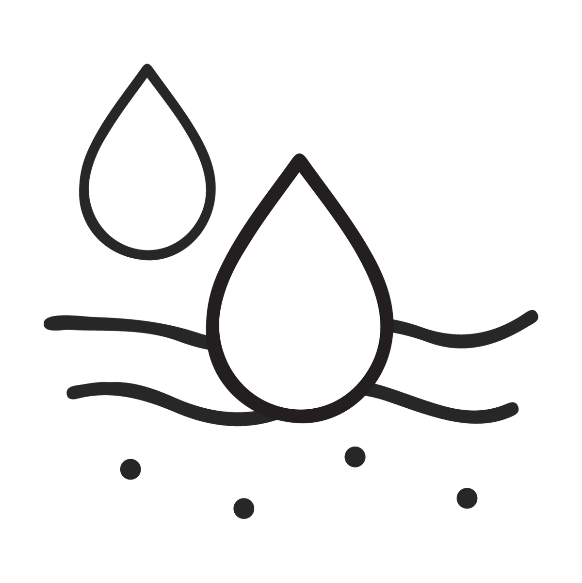 Black and white icon of water droplets and waves on a white background
