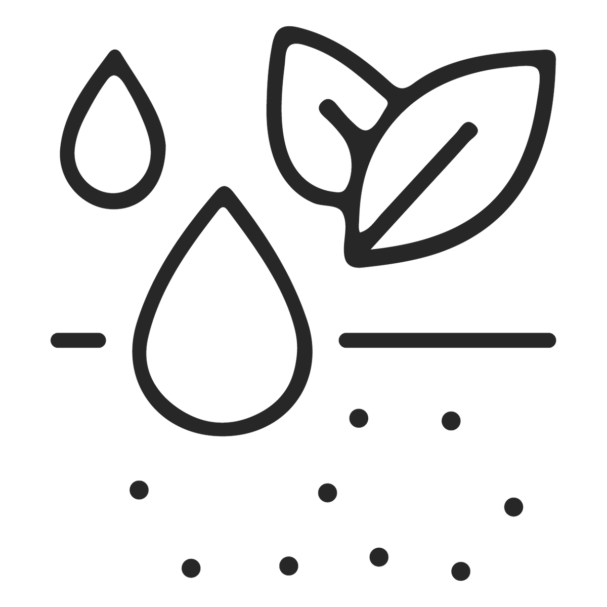Icon of a leaf and two droplets with a line underneath on a white background